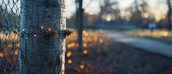 Close Up of Pine Cone on Tree with String Lights at Dusk