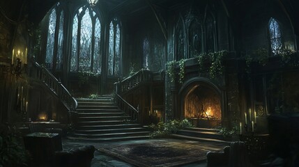 Dark, gothic interior with grand staircase, fireplace, and stained-glass windows, overgrown with plants.