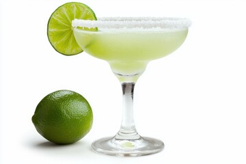 Cocktail Bartending Techniques Concept. Refreshing Margarita Cocktail with Lime and Salt Rim on White Background
