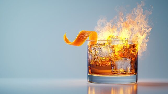 Cocktail Bartending Techniques Concept. Fiery Cocktail with Ice and Orange Peel Garnish in a Clear Glass