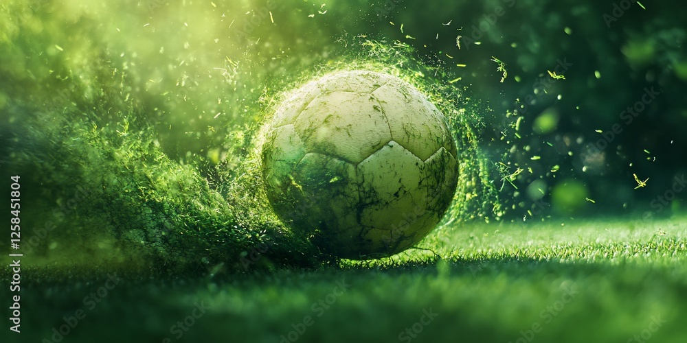 Poster soccer ball exploding with green grass particles on a field.