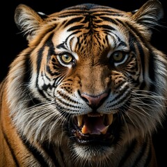 Fototapeta premium Majestic Roaring Tiger with Striking Features, A fierce tiger with vibrant stripes and an intense expression, perfect for wildlife enthusiasts and art projects.