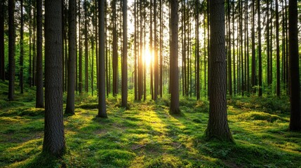 Obraz premium Sunlight Filtering Through Tall Trees in Lush Green Forest Scene