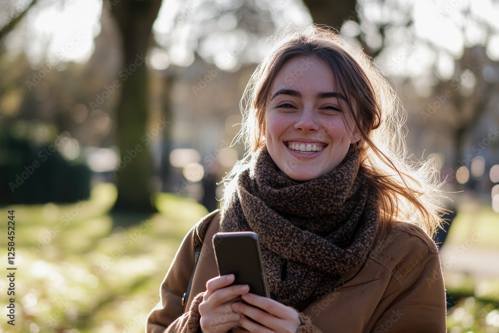 Poster a person smiling and looking at their mobile device, possibly checking messages or social media