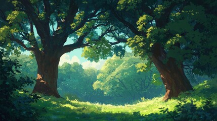 Enchanted Forest with Sunlight Filtering Through Lush Green Foliage