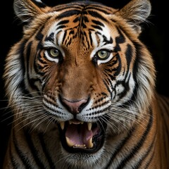Majestic Roaring Tiger with Striking Features, A fierce tiger with vibrant stripes and an intense expression, perfect for wildlife enthusiasts and art projects.