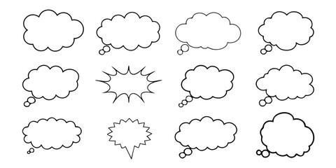 Fototapeta premium black hand drawn grunge charcoal, chalk speech bubbles, Balloon Vector Outline Illustration, Ideal for meme, poster, tag, banner, hashtag, dialogue Isolated on white background 