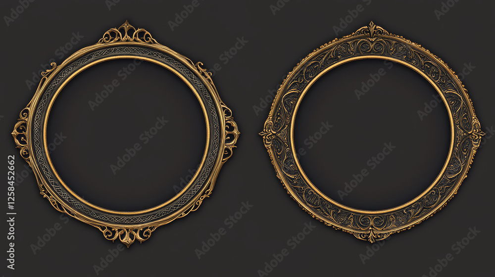 Poster round ui game frames, gold textured circles with curve ornate rims and decor. cartoon circular empty