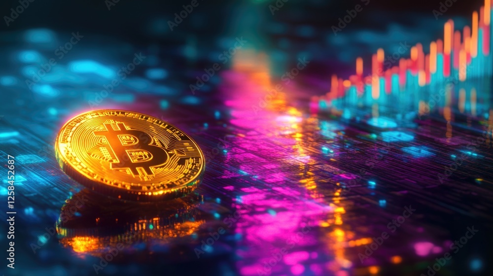 Poster A close-up view of a bitcoin coin sitting on top of a computer chip