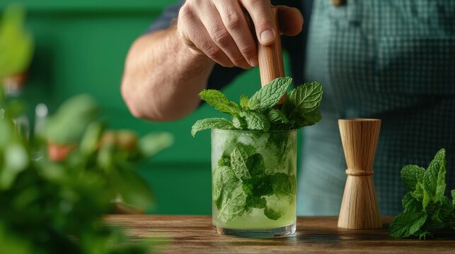 Cocktail Bartending Techniques Concept. Fresh Mint Leaves Being Muddled for a Refreshing Cocktail in a Bar Setting