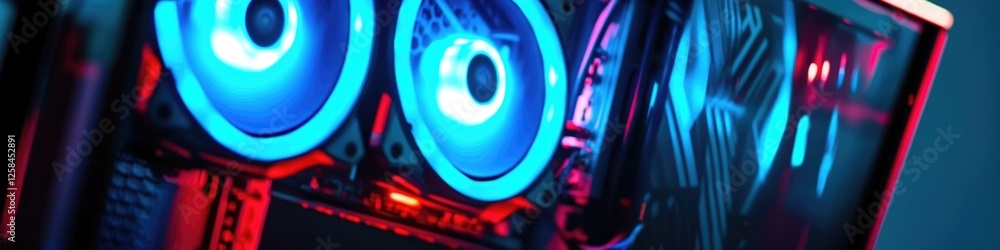 Leinwandbilder a close-up view of a computer case with bright blue and red led lights