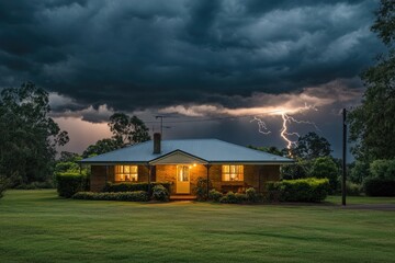 A house in the middle of an Australian country town with dramatic lighting and thunderstorm clouds overhead,