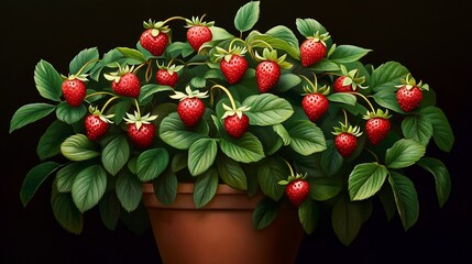 Lush strawberry plant in terracotta pot, numerous ripe red strawberries, vibrant green leaves, dark background.