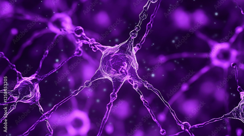 Poster microscopic view of purple neurons connecting, forming a complex neural network.
