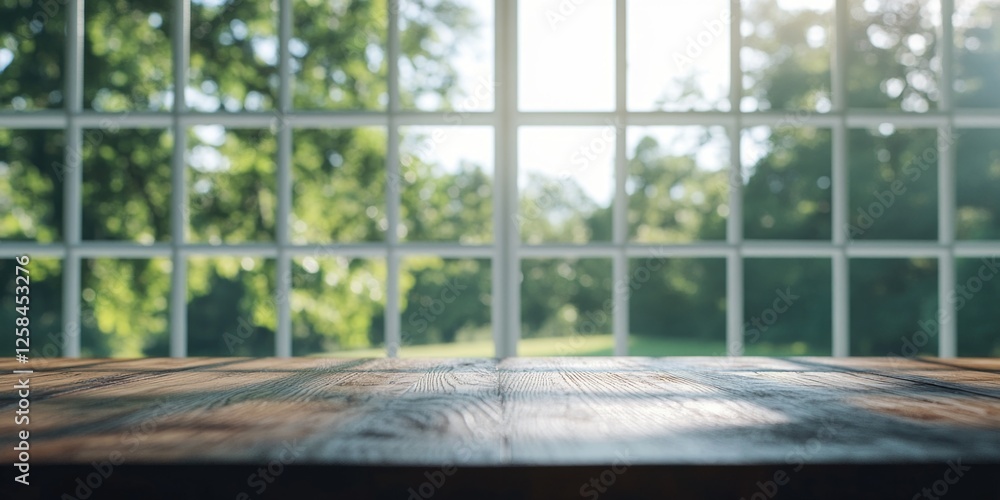 Poster a simple wooden table positioned in front of a window with natural light pouring in