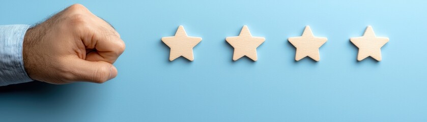 Reaching for the stars, a hand extends towards wooden star, embracing dreams and aspirations