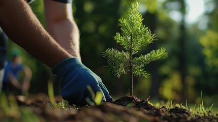 Naklejka premium Man planting sapling, child in background, park, reforestation