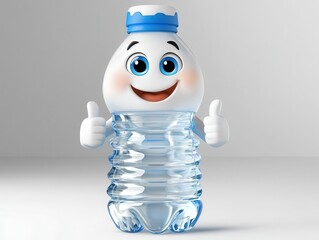 World water day. Cheerful cartoon water bottle character with smile and thumbs up.