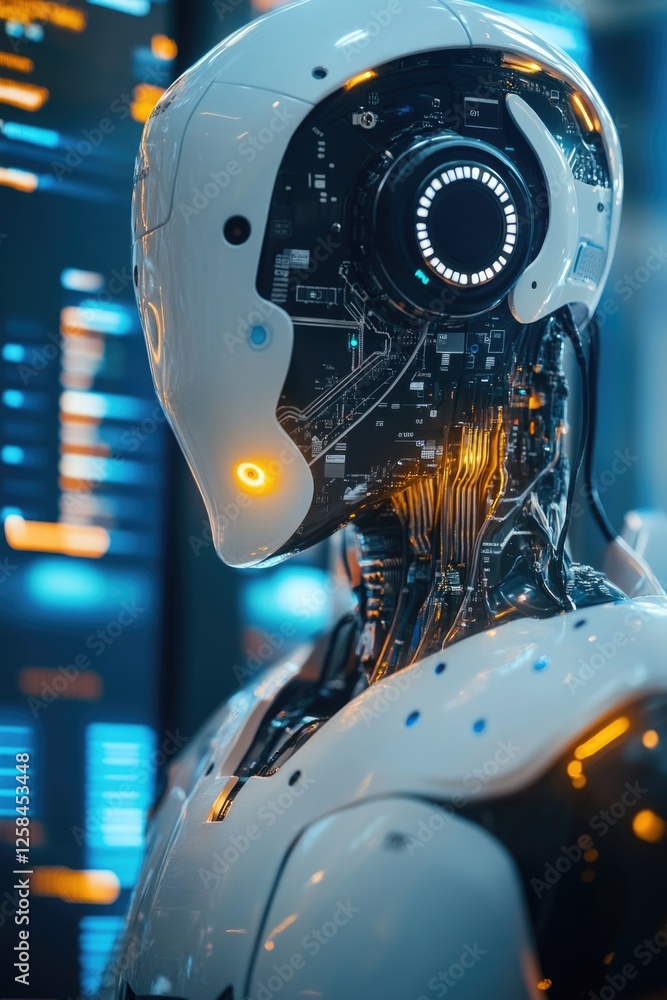 Poster close-up of a robot's head with glowing eyes, great for sci-fi or technology-themed projects