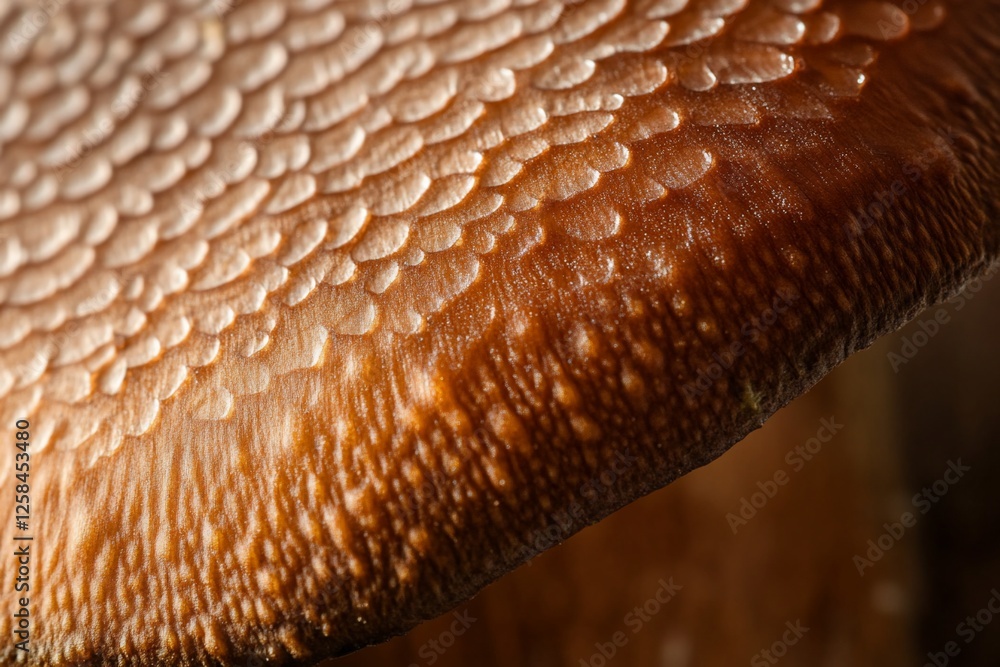 Poster close-up of a mushroom cap's textured surface, showing intricate detail and subtle color variations.