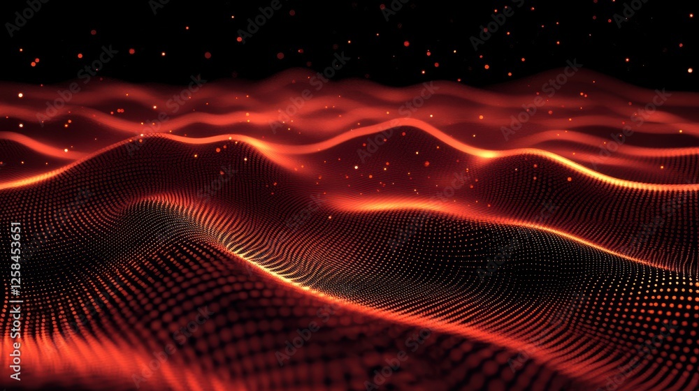 Poster ethereal red particle grid landscape with glittering light points