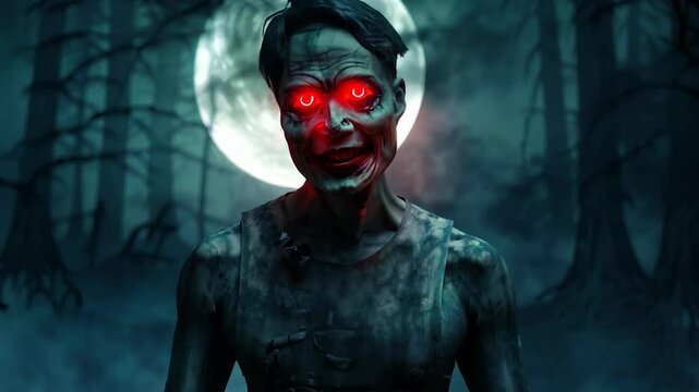 The ghost man and the red eyes talking in halloween fullmoon night 4k video.