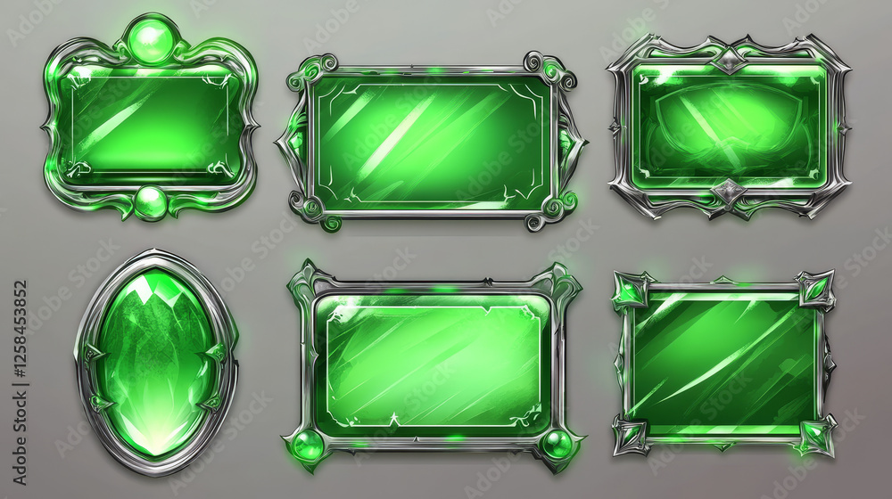 Poster game ui frames, green medieval borders with metal silver vignette. interface menu square buttons, em