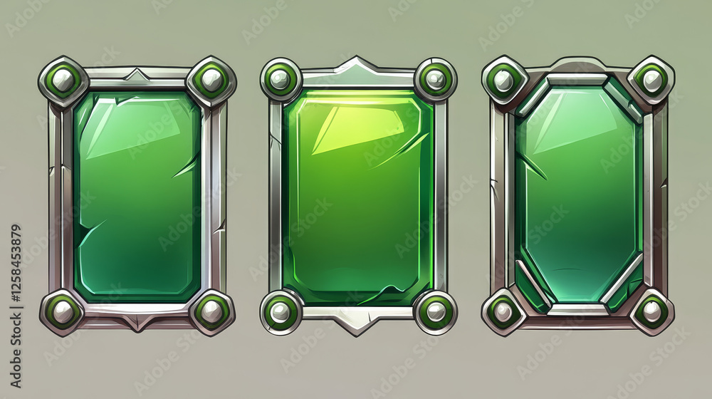 Poster game ui frames, green medieval borders with metal silver vignette. interface menu square buttons, em