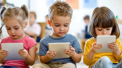 Engaged children using tablets in classroom setting, focused on learning