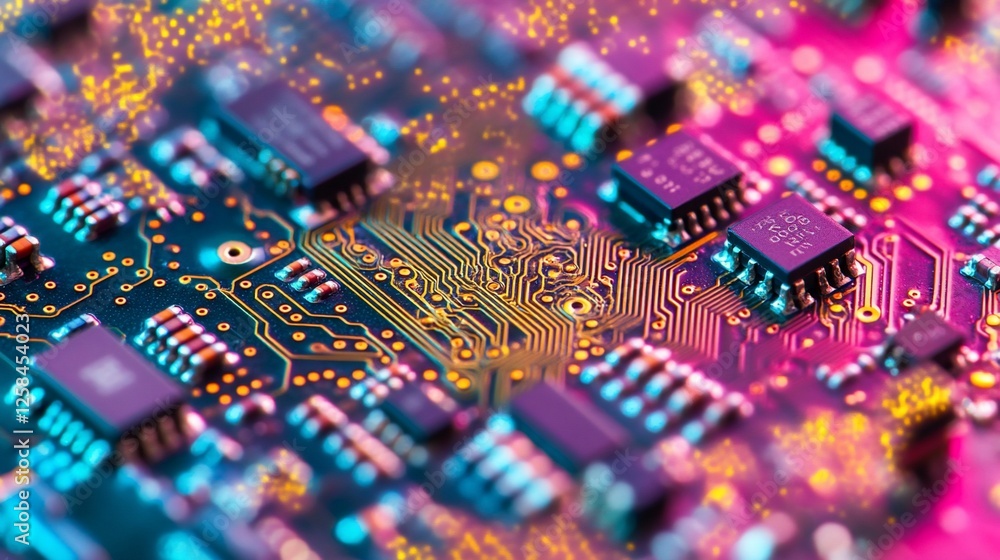 Poster close-up of a circuit board with colorful integrated circuits and pathways.