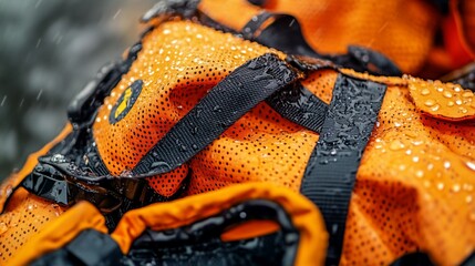 Close-up of orange waterproof jacket with water droplets.