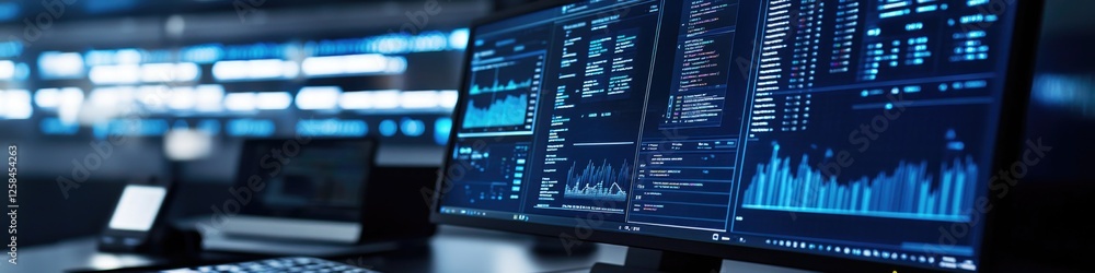 Poster A computer monitor sits on a desk next to a keyboard, ideal for an office or workspace setting