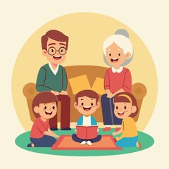 Happy multi-generational family gathered in a cozy living room, laughing and bonding, warm lighting. Family cartoon 