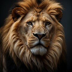 Majestic Lion Portrait with Regal Mane, A powerful lion with a thick, golden mane, symbolizing strength and leadership in nature.