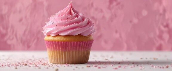 Delicate pink cupcake with swirled frosting and sprinkles on top, pink, sprinkles