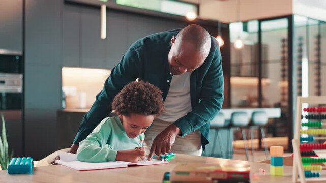 Help, dad and child at table with homework for growth, development and happy support in education. Learning, father and boy kid in kitchen for homeschool, creative study and advice in African home