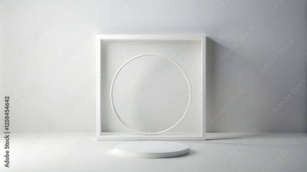 Fototapete minimalist white display scene with circular frame and platform