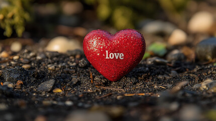 Valentines day minimalist design of single red heart with "love" text below.