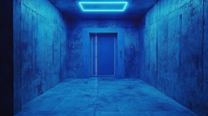 Obraz premium Elevator entrance with blue ambient light in a minimalist concrete space