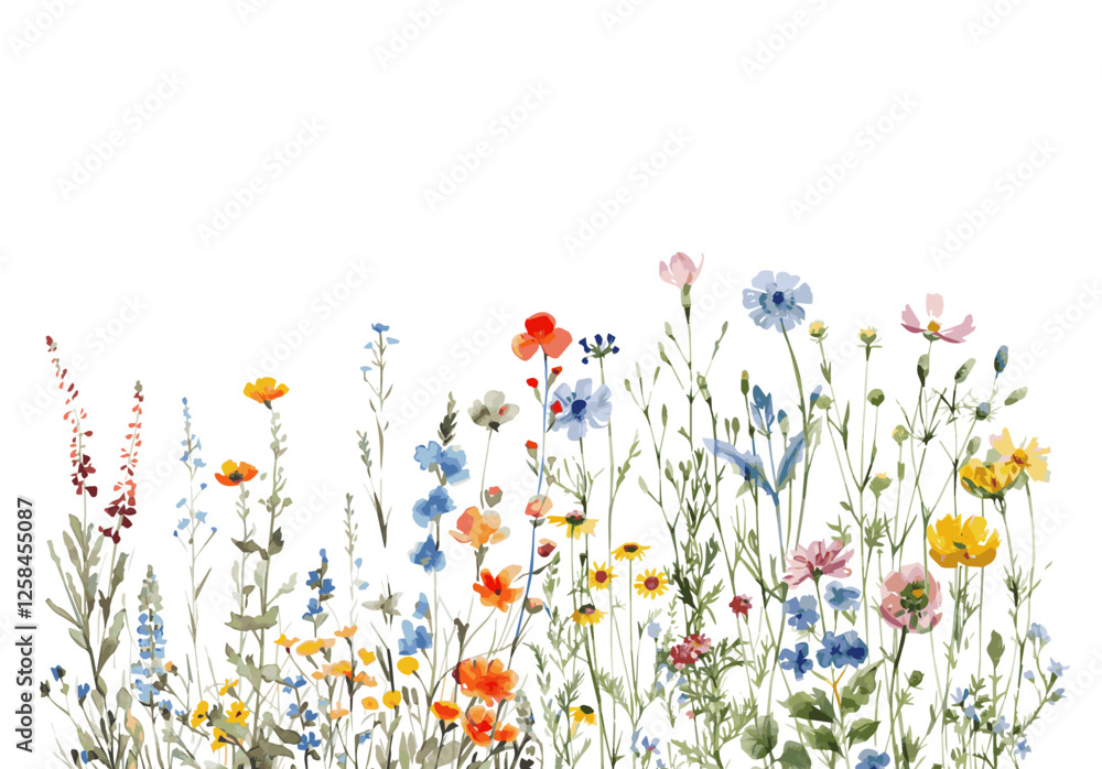 Fototapete Watercolor row of field flowers. Watercolor field flowers and other growths on a visible aphid. Watercolor botany. Vector illustration.