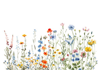 Watercolor row of field flowers. Watercolor field flowers and other growths on a visible aphid. Watercolor botany. Vector illustration.