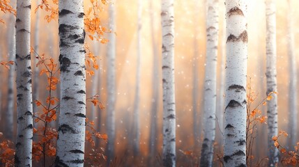 Fototapeta premium Sunlit birch forest in autumn with golden leaves and soft light.