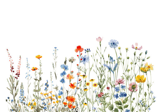Watercolor row of field flowers. Watercolor field flowers and other growths on a visible aphid. Watercolor botany. Vector illustration.