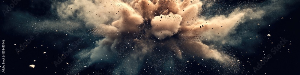 Poster A dense cloud of dust flying through the air, creating a dramatic and dynamic visual effect