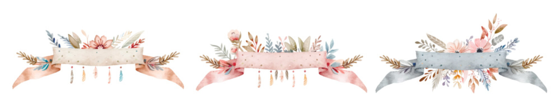 Watercolor set of ribbons decorated with flowers and feathers png. Watercolor frames for text. Hand drawn watercolor design elements isolated on white background.