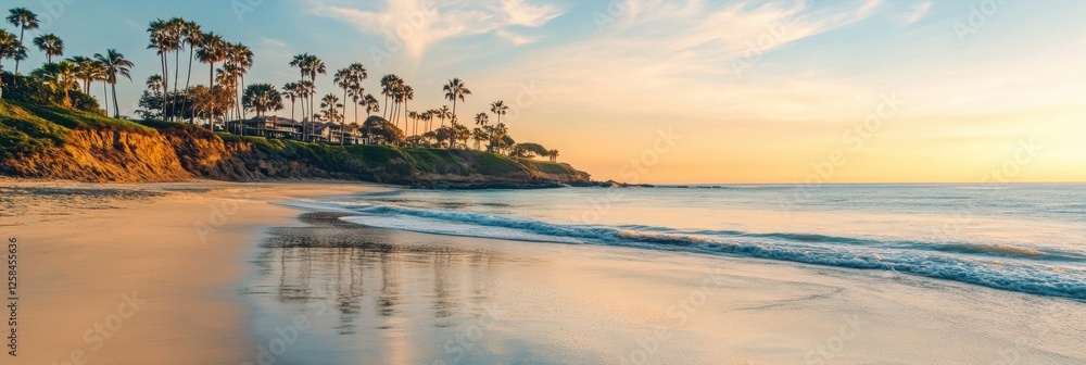 Poster calm beach at sunset with palm trees reflecting in the water in a coastal location. generative ai