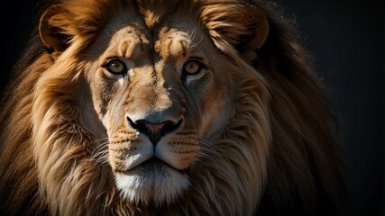 Majestic Lion Portrait with Regal Mane, A powerful lion with a thick, golden mane, symbolizing strength and leadership in nature.