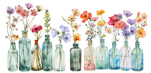 Watercolor wild flowers in a vase on a transparent background. Minimalistic flowers in transparent glass vases. Vector botanical illustration.