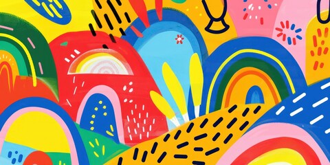 Colorful illustration with rainbow shapes on bright colorful background comic rainbow curve wave vibrant striped