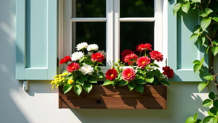 Fototapeta premium Flower-Filled Window Box, Charming Exterior